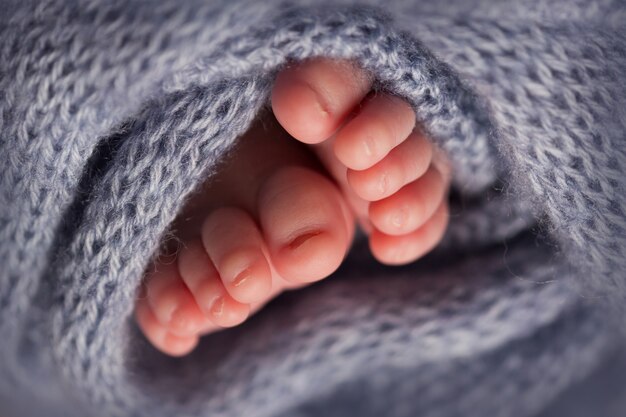 Legs and toes of a newborn in a soft grey blanket