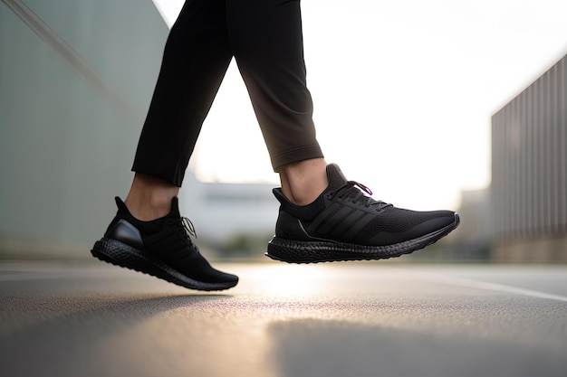 Legs view of a person walking on the road wearing sports shoes