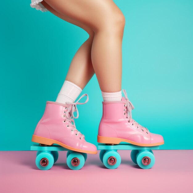 Legs wearing cute sweet with shoelaces four wheeled roller blades Illustration AI GenerativexA