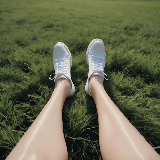 Legs in white shoes and above grass