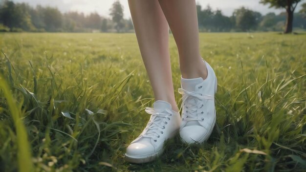 Legs in white shoes and above grass