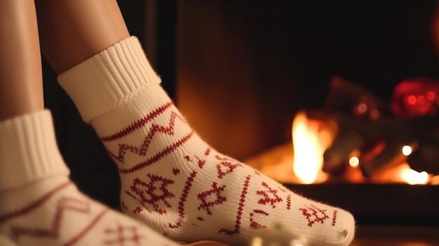 Legs in wool socks near fireplace Illustration AI GenerativexA