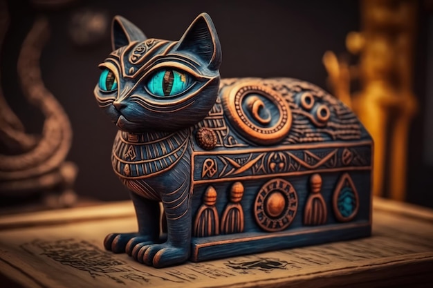 Leiden The Netherlands a wooden cat sarcophagus figurine holding an antique cat mummy