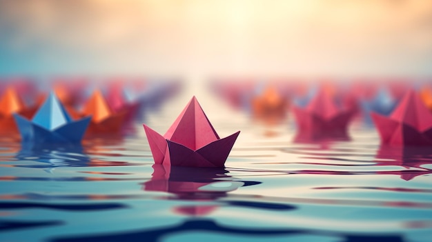 Foto leiderschap en succesconcept papieren boten op het water