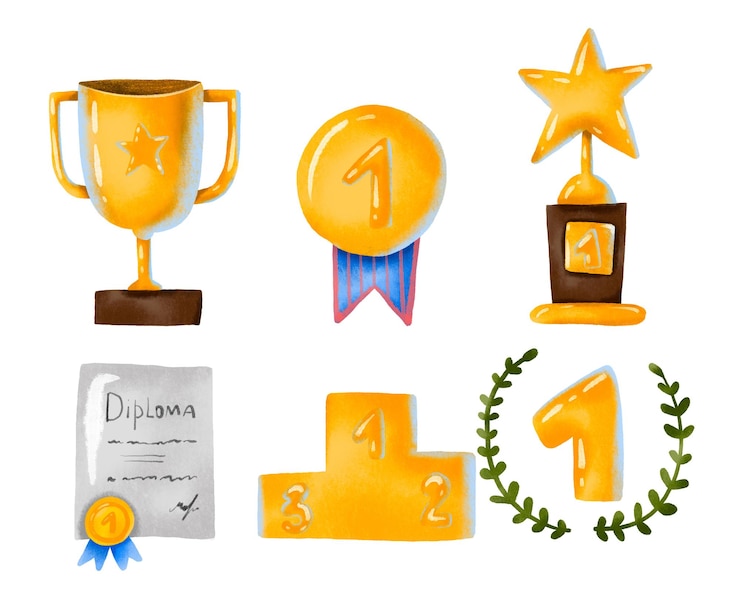 Foto leiderschap en winnet trofee diploma sport winnaar etappe megals hand getekende cartoon prijs set