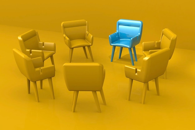 Leiderschapsconcept met blauwe stoel leiden rijen gele stoel