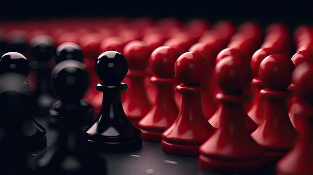 Leiderschapsconcept Zwarte en rode schaakpion die uit de menigte steekt met Generative AI Tech
