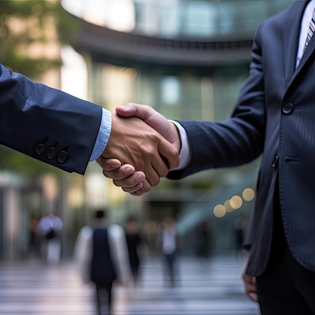 Leidinggevenden in formele kledij schudden elkaar de hand en vertegenwoordigen partnerschapssucces en teamwerk in het bedrijfsleven