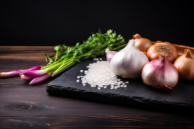 Foto leisteenplaat met verse knoflook en ui op een houten tafel, ingrediënten op een houden tafel.