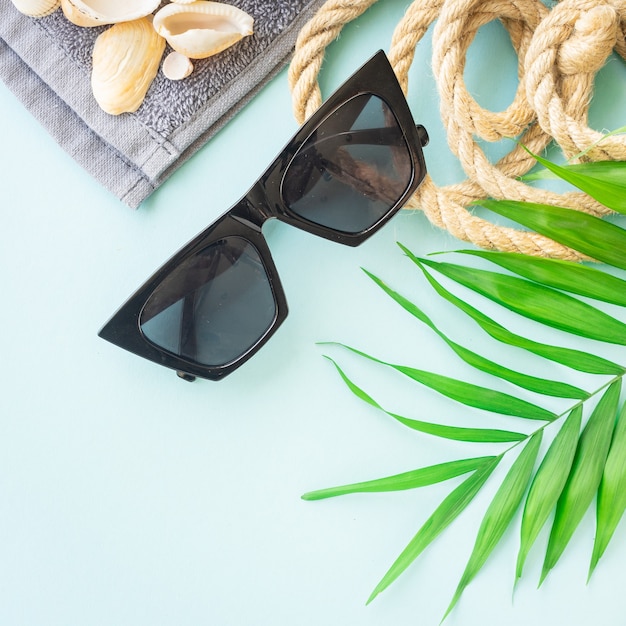leisure accessories sunglasses palm tropical leaf relax positive mood vacation