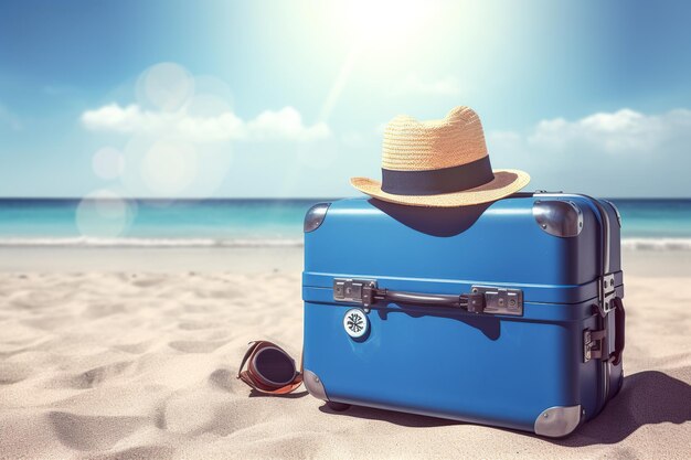 Leisure time blue travel case with braided hat with glasses on the beach near the ocean travel forward