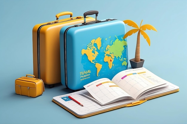 레저 투어 항공 여행 여름 휴가 개념 달력 약속 일정 여권과 함께 수하물 관광 여행 계획 세계 여행