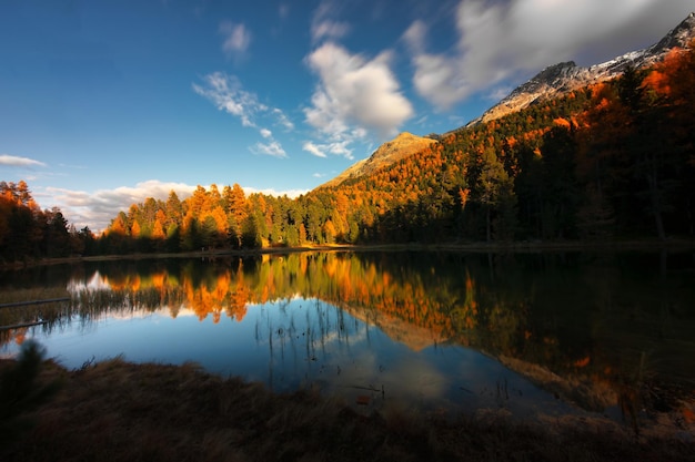 Lej Nair in engadine valley in an autumn landscape