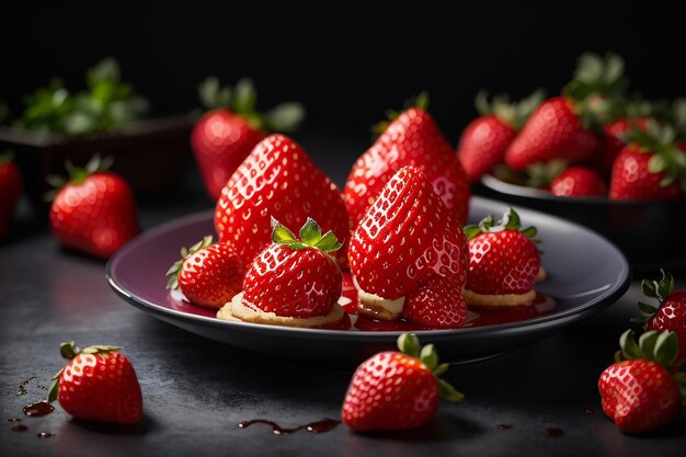 Lekker aardbeien dessert op een donkere achtergrond professionele reclame fotografie studio verlichting