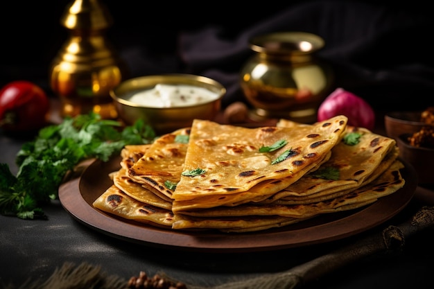 Lekker aloo pratha met mini saus schotel op witte achtergrond