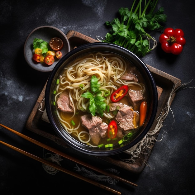 Lekker Aziatische klassieke soep met noedels en vlees.