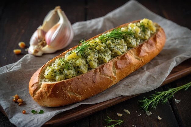 Lekker baguette met knoflook en dille close-up