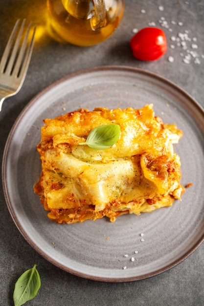 Lekker gebakken bereide klassieke Italiaanse lasagne in braadpan op lichte achtergrond. Detailopname