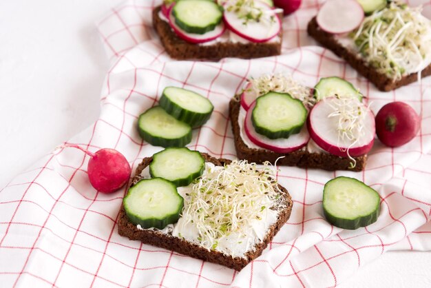 Lekker gezond broodje Roggebroodje met radijskomkommer Kopieer de ruimte Gezond ontbijt