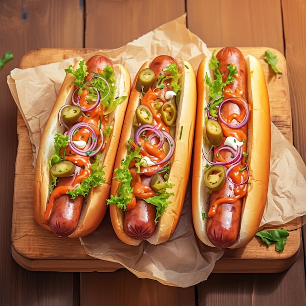 Lekker hotdog met worst salade groenten weergegeven op hout voor sociale media Postgrootte