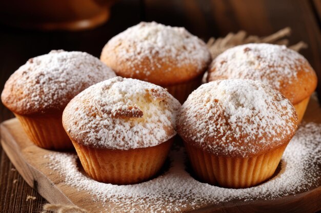 Lekker muffins met suikerpoeder op een houten tafel close-up