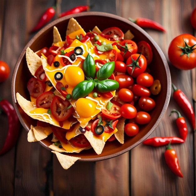 Lekker nachos rode tomaten en chili peper in een kleurrijke schaal op houten achtergrond