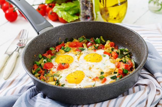 Lekker ontbijt. Gebakken eieren met groenten. Shakshuka.