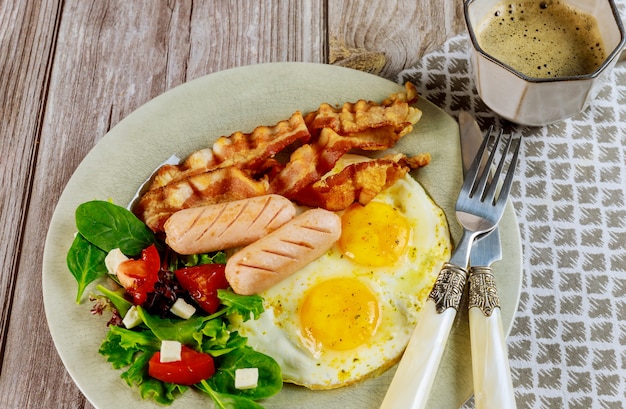 Foto lekker ontbijt met eieren, worstjes, spek en kopje koffie.