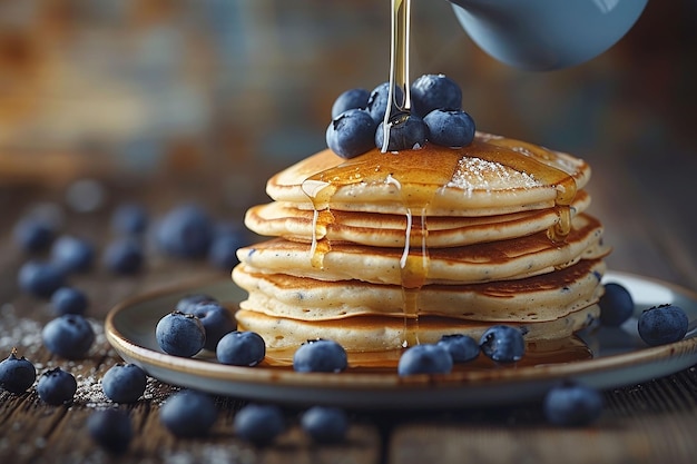 Lekker pannenkoeken met bosbessen en honing op een bord