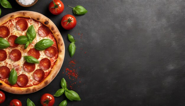 Foto lekker pepperoni pizza en kookingrediënten tomaten basilicum op zwarte betonnen achtergrond