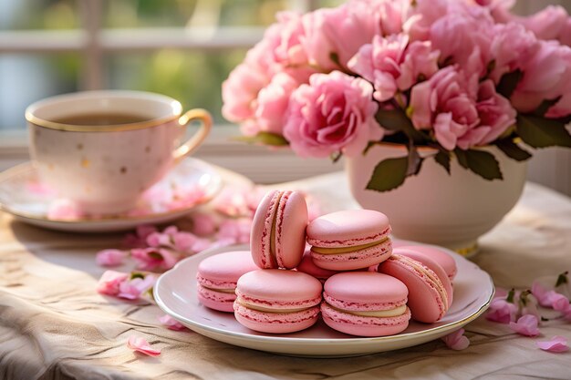 Lekker roze macaroons met een kopje thee op een schotel bij roze bloemen in een vaas