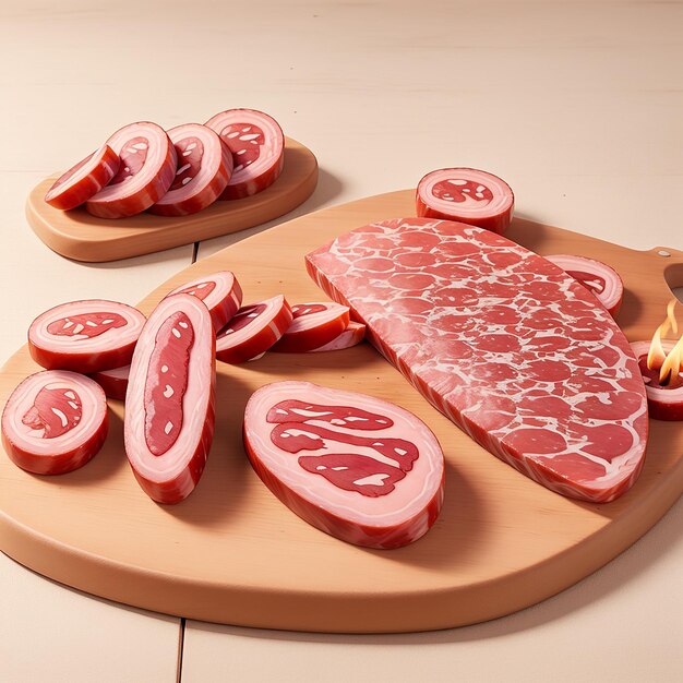 Lekker salami op een bord op een houten tafel op een achtergrond van vuur.