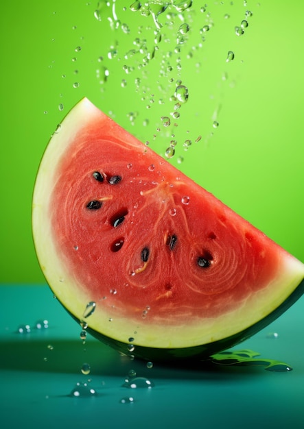 Lekker sappige groene watermeloen op een groene achtergrond Generatieve AI