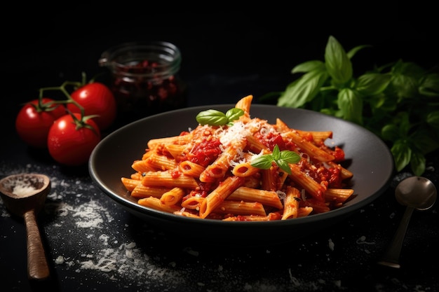 Lekker smakelijk klassieke Italiaanse pasta met een heerlijke tomatensaus Klassieke Italiaanse pasta penne alla arrabiata met basilicum en vers parmezaanse kaas op de donkere tafel AI Generated