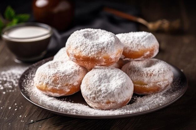 Foto lekker suikerpoeder donuts op tafel.