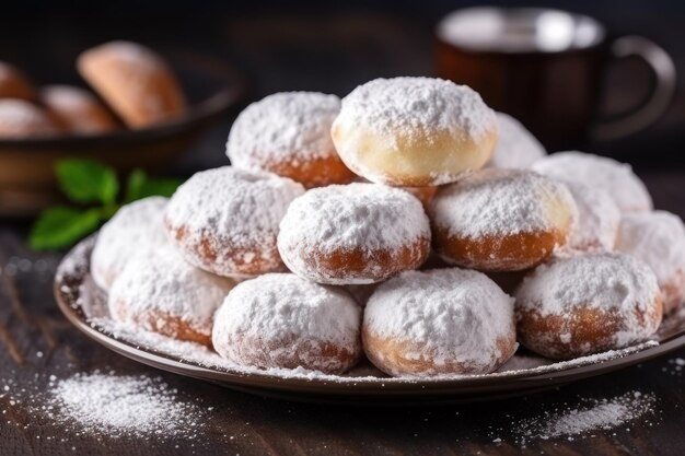 Lekker suikerpoeder donuts op tafel.