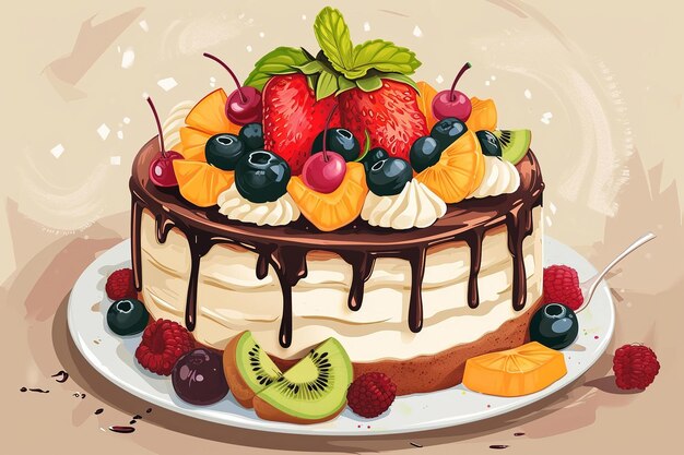 lekker taart met fruit cartoon stijl