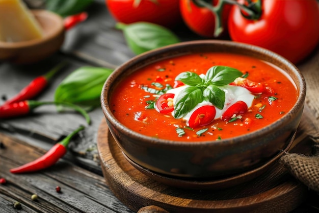 Lekker tomatensoep met basilicum in een schaal op een houten tafel close-up