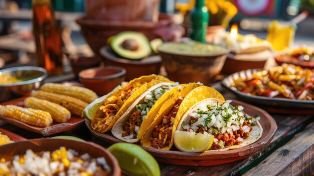 Lekker traditionele Mexicaanse keuken Delicious tacos maïs avocado ingrediënt op bord op houten tafel