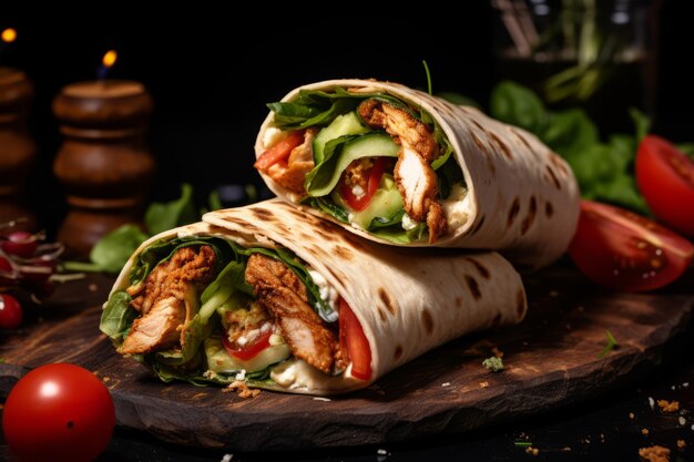 Lekker wrap met gegrilde kippenvleesaus en verse peterselie Gegrilleerde tortilla wrap Generatieve AI illustratie