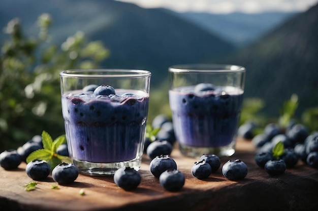 Lekkere bosbessensmoothie in glas tegen op de bergen Generatieve AI