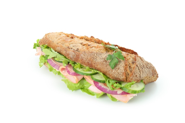 Lekkere ciabatta sandwich geïsoleerd op witte achtergrond