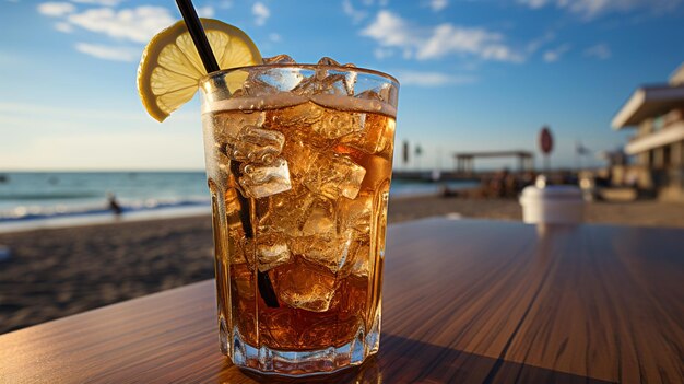 Lekkere Cola in een glas met ijsblokjes op het strand bij de zee of oceaan menu concept