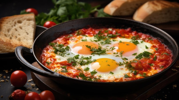 Lekkere en gezonde shakshuka in een koekenpan Eieren gepocheerd in pittige tomaten-pepersaus AI
