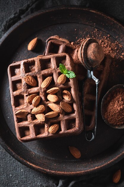 Lekkere en verse wafels gemaakt van cacao en amandelen