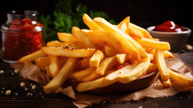 Lekkere frietjes op tafelachtergrond Fastfood in een pub AI