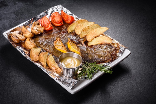 Lekkere gebakken vis met aardappelen en tomaten op een witte rechthoekige schotel
