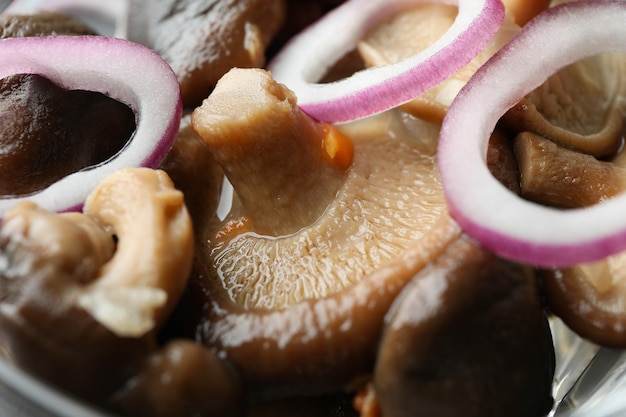 Foto lekkere gemarineerde champignons en ui, close-up