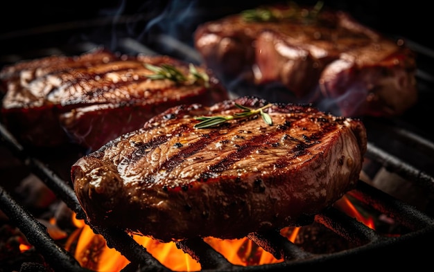 Lekkere geroosterde vleessteaks die boven de grill koken met vlammen