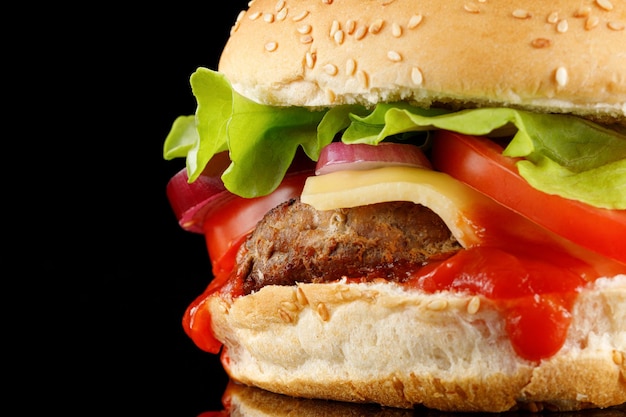 Lekkere hamburger close-up plek voor tekst omgaan met ruimte Burger met tomaten, groene uien en vlees